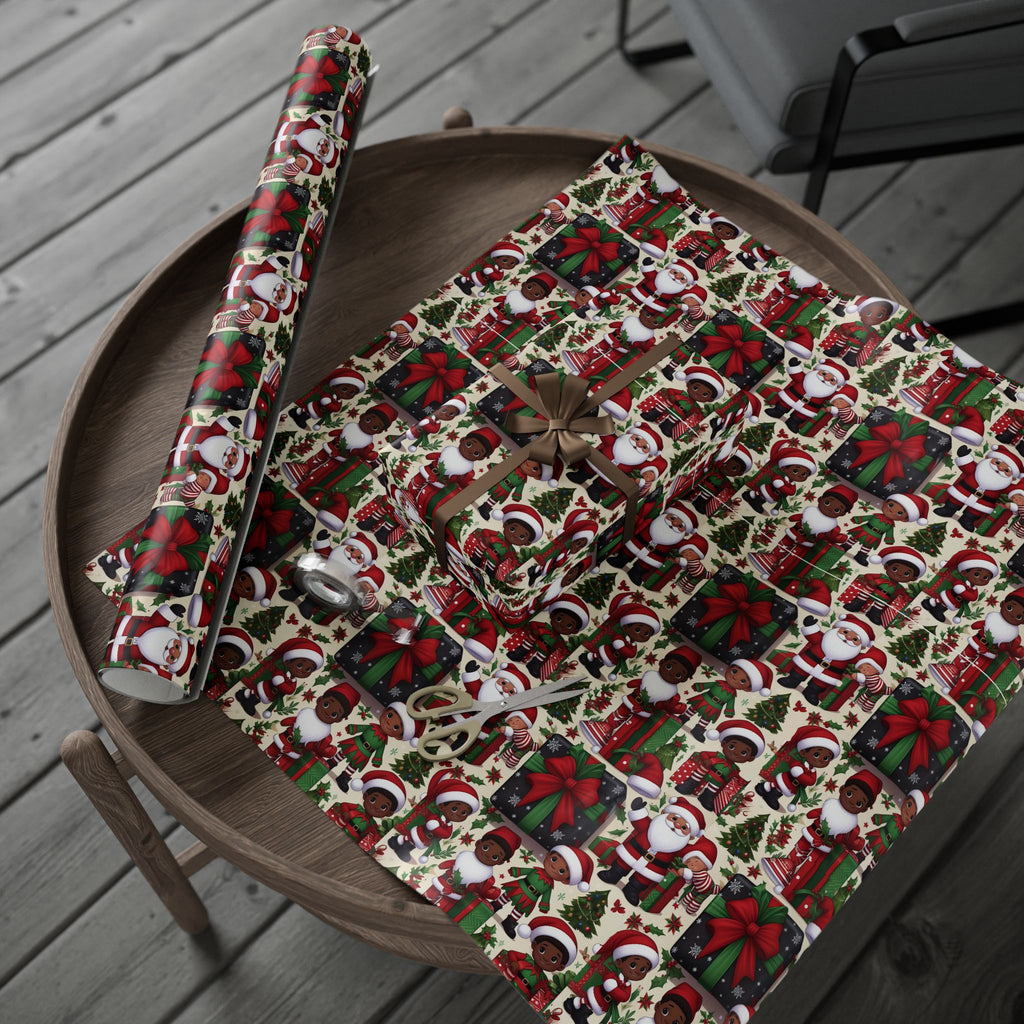Festive Black Gift Wrap — Happy Children & Santa Holiday Wrapping Paper
