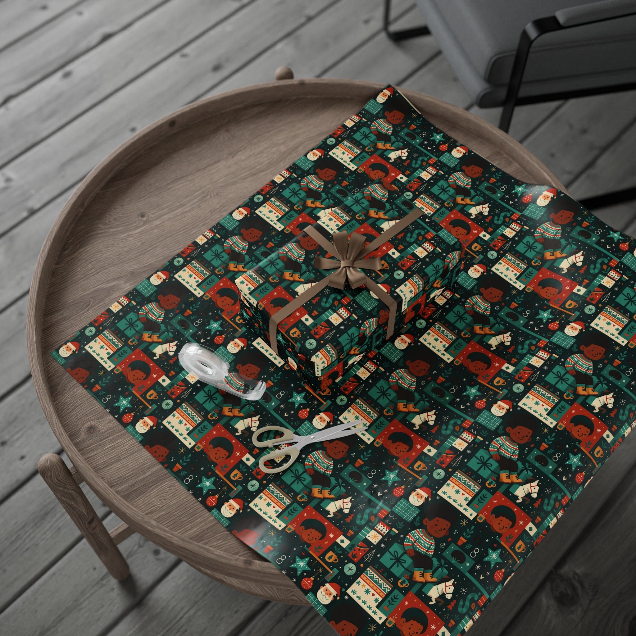 Holiday Gift Wrap Paper – Retro Santa & Cozy Sweater Pattern