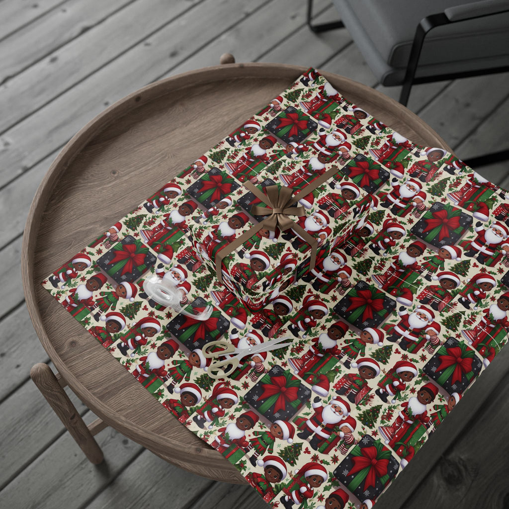Festive Black Gift Wrap — Happy Children & Santa Holiday Wrapping Paper