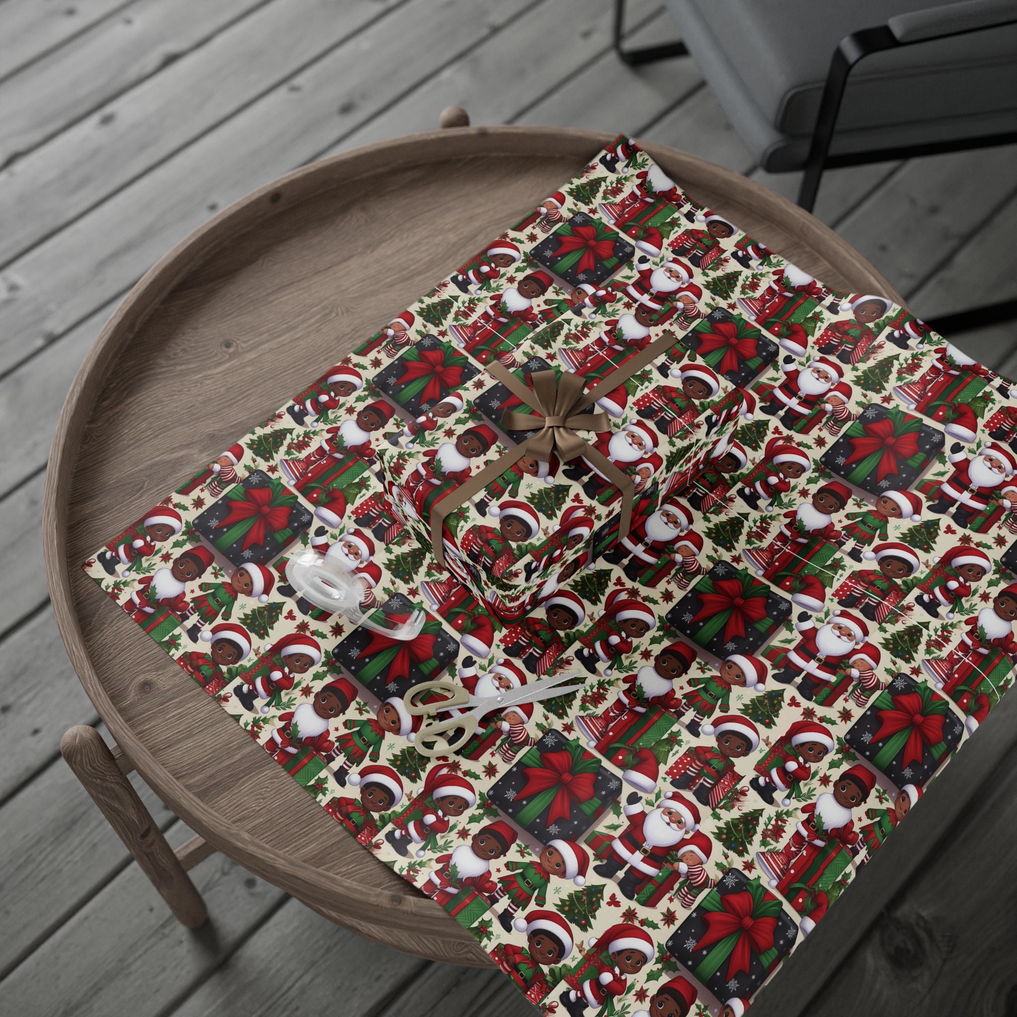 Festive Black Gift Wrap — Happy Children & Santa Holiday Wrapping Paper