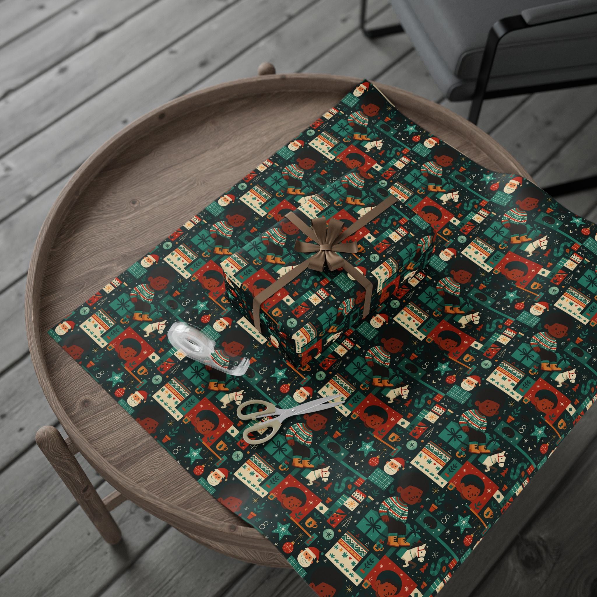 Holiday Gift Wrap Paper – Retro Santa & Cozy Sweater Pattern
