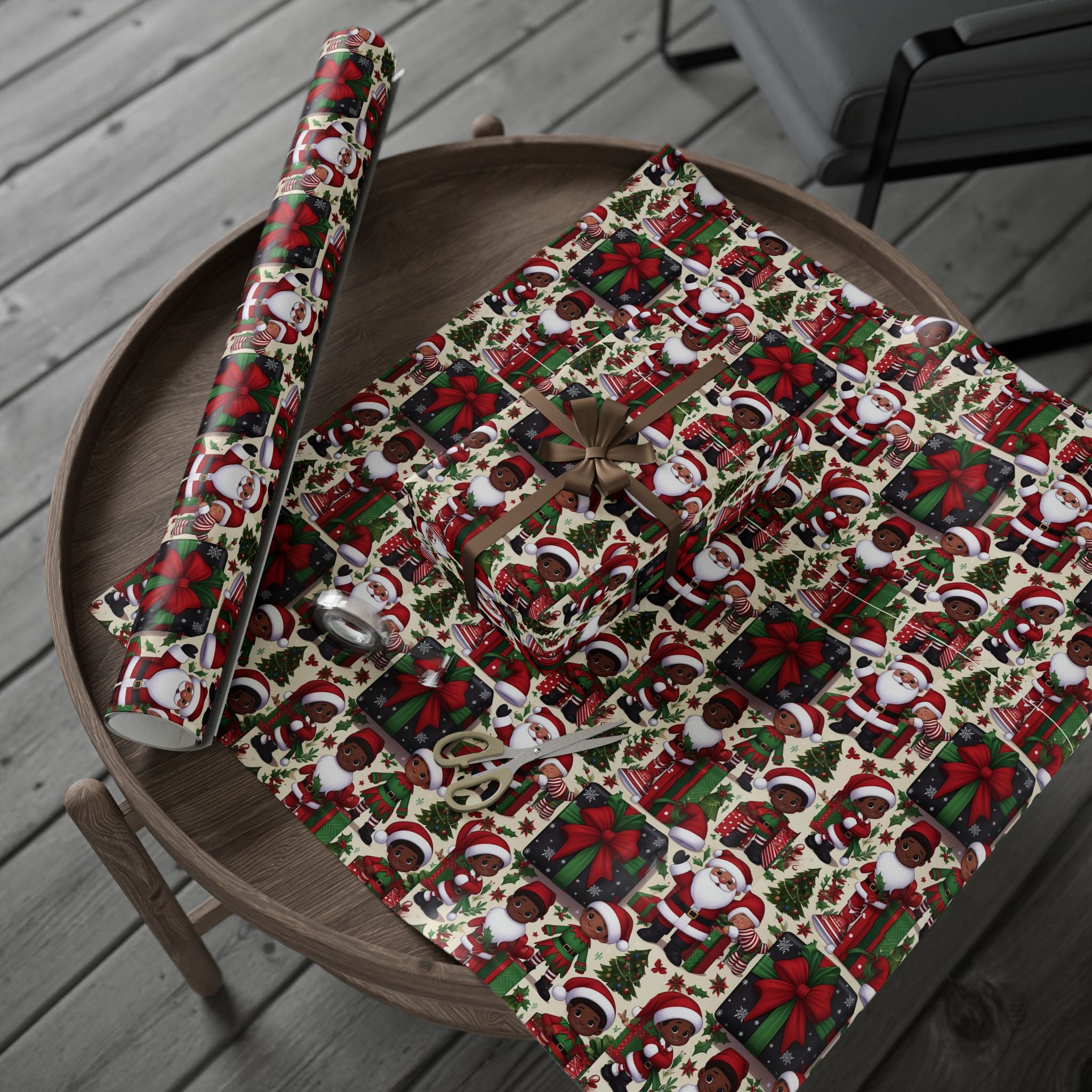 Festive Black Gift Wrap — Happy Children & Santa Holiday Wrapping Paper