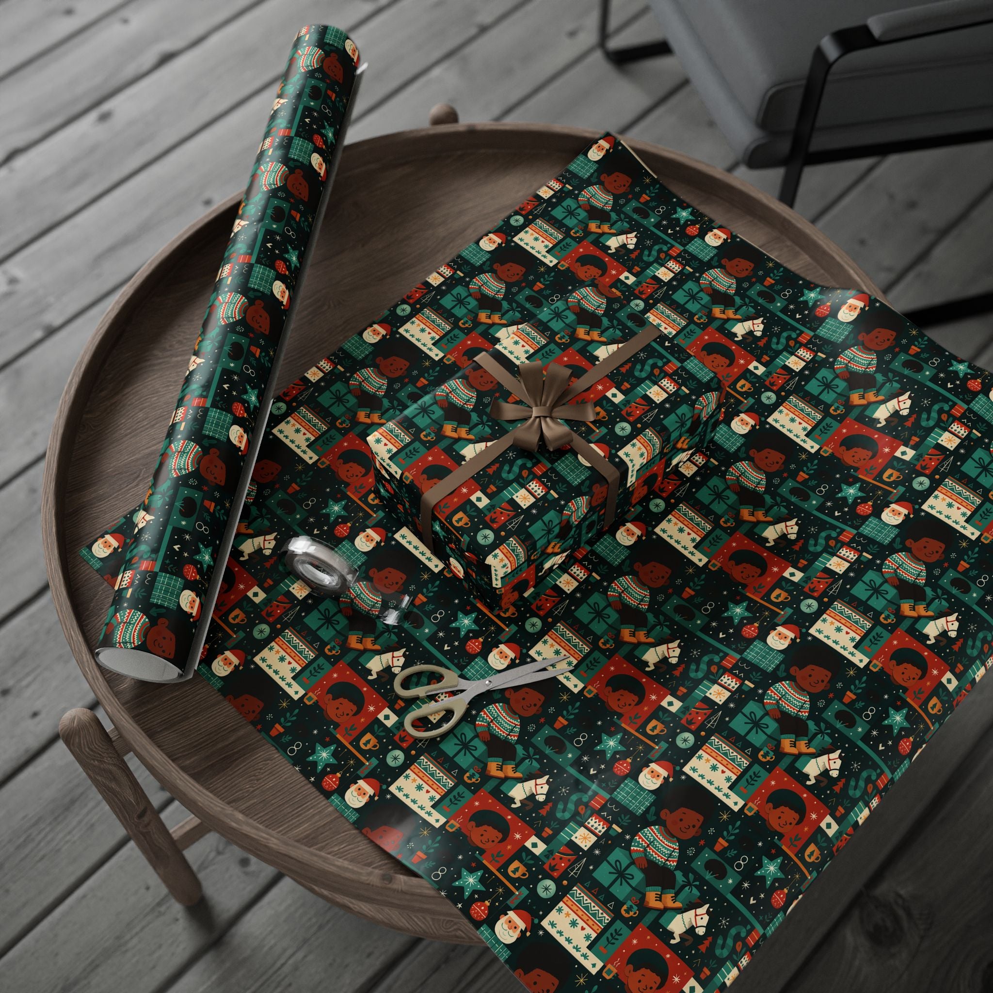 Holiday Gift Wrap Paper – Retro Santa & Cozy Sweater Pattern