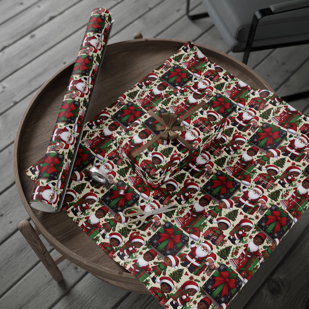 Festive Black Gift Wrap — Happy Children & Santa Holiday Wrapping Paper