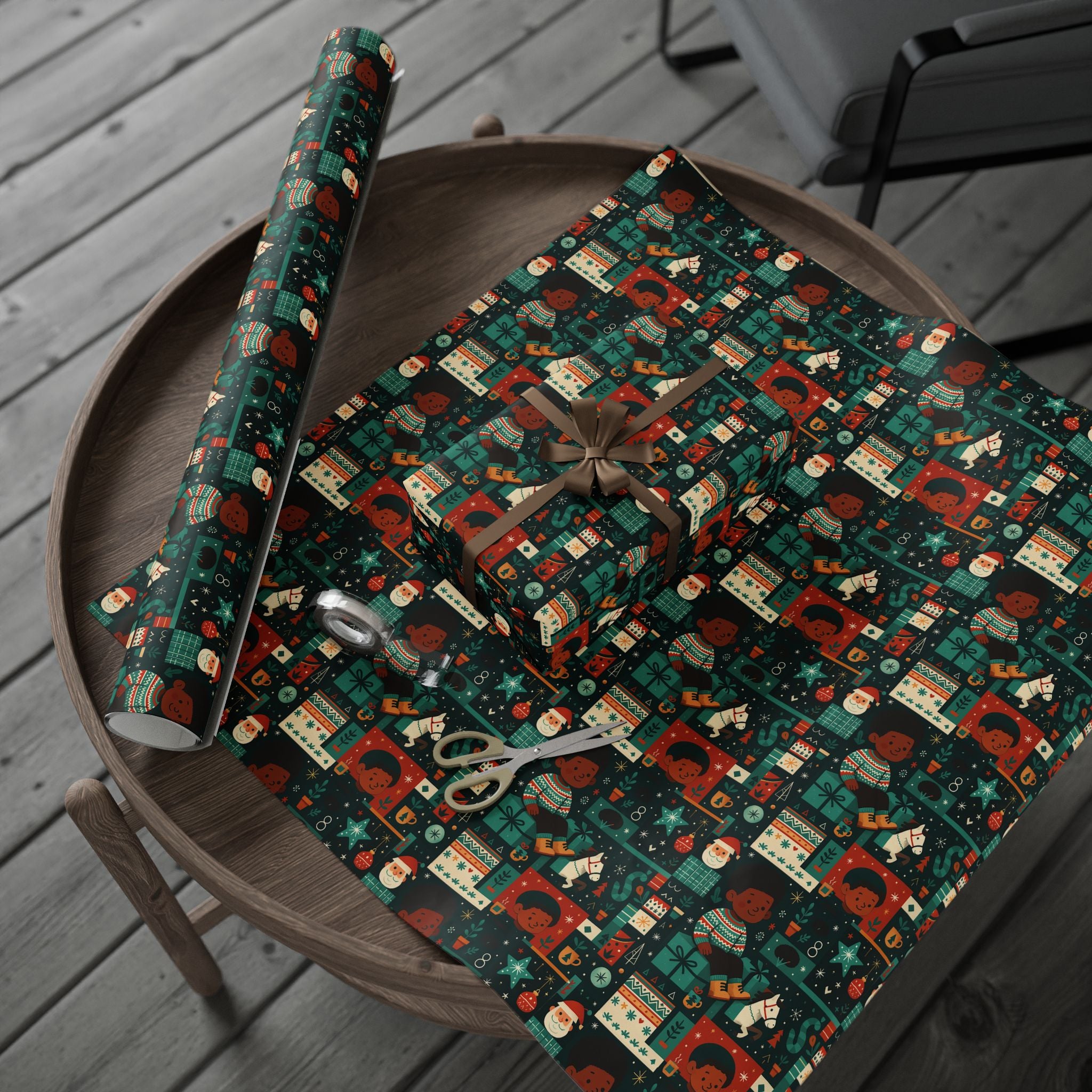 Holiday Gift Wrap Paper – Retro Santa & Cozy Sweater Pattern