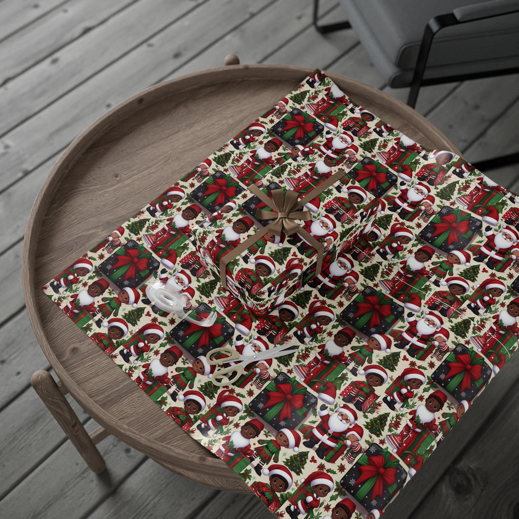 Festive Black Gift Wrap — Happy Children & Santa Holiday Wrapping Paper